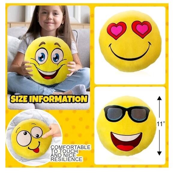 6 Emoji 12" Emoticon Cushion Pillow Round Yellow Stuffed Plush Set Soft Toy - Picture 4 of 7